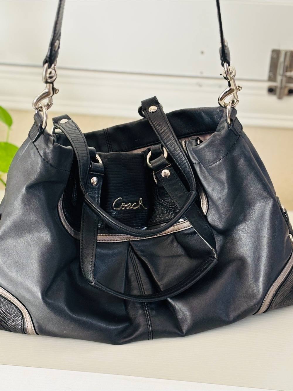 Coach Black Leather Shoulder Tote with Silver Trim